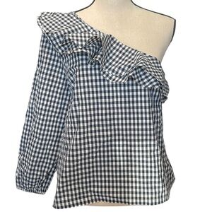NWT J. Crew Black White Gingham One Shoulder Ruffle‎ Blouse CottageTomato Girl